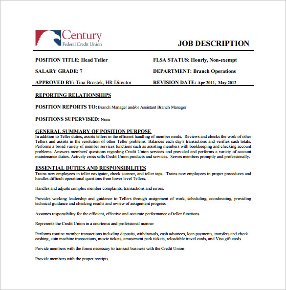 Bank Teller Job Description Template 6+ Free Word, PDF Format Download!
