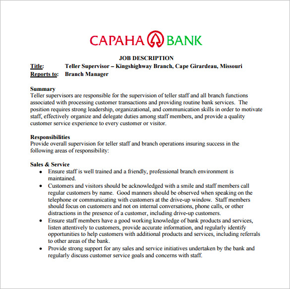 bank teller supervisor job description free pdf template