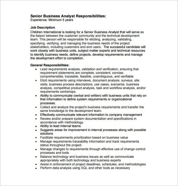 senior business analyst job description pdf free download