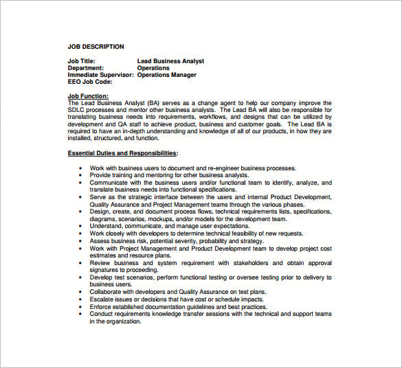 lead business analyst job description pdf free download