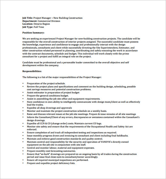 construction general manager job description