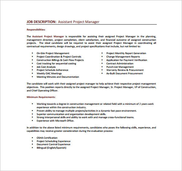 Construction Project Manager Job Description Sample