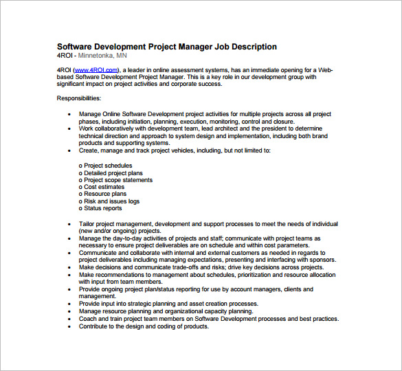 sample job description project manager