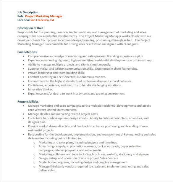 project marketing manager job description pdf free download