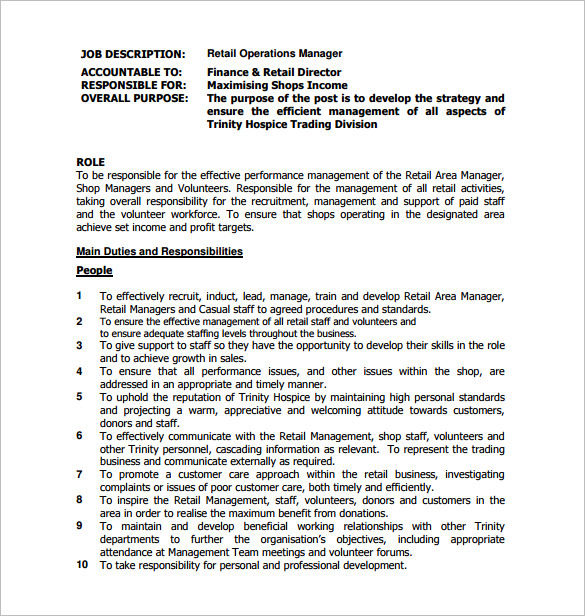 Area Manager job description. Manager responsibilities. Area Retail Manager job description. Responsibilities of Operation Director.