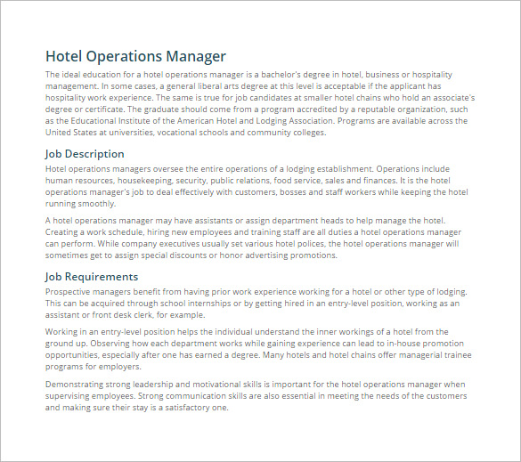 operations manager job description for hotel free pdf template