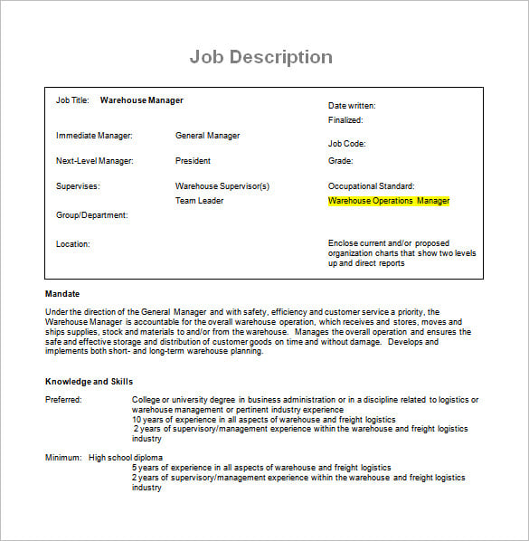 warehouse operations manager job description free word download