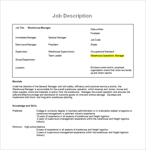 Manufacturing Operations Manager Job Description Sample