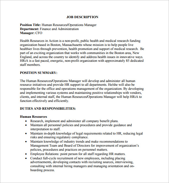 human resource operations manager job description free pdf