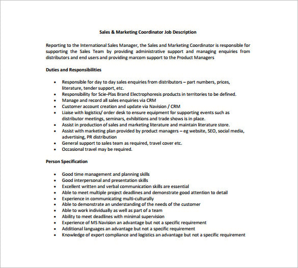 sales marketing coordinator job description free pdf template