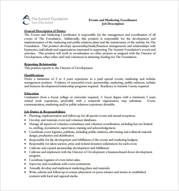 events marketing coordinator job description pdf free download