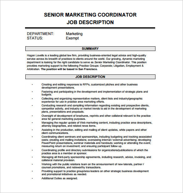 10+ Marketing Coordinator Job Description Templates Free