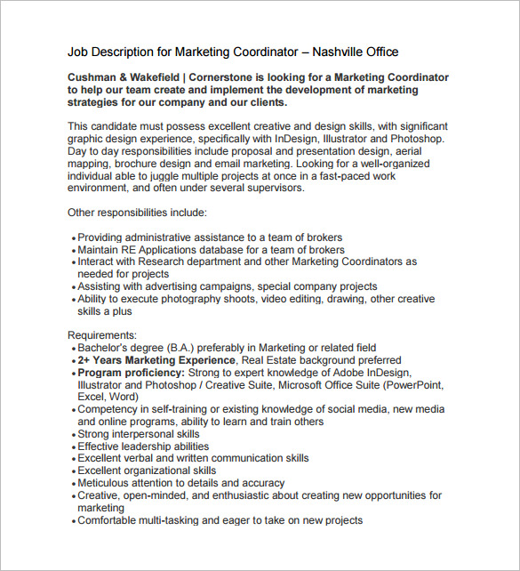 marketing coordinator job description for real estate free pdf