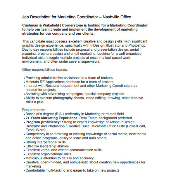 10+ Marketing Coordinator Job Description Templates Free