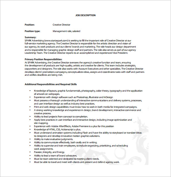 8 Creative Director Job Description Templates DOC PDF   Executive Creative Director Job Description Free PDF Template 