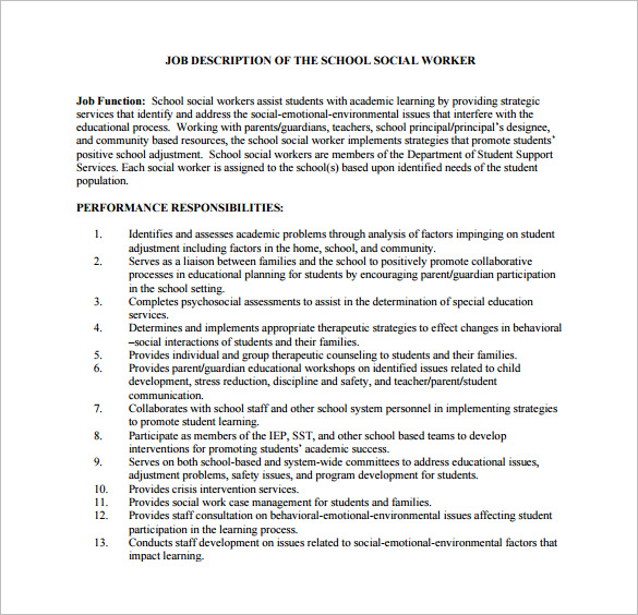 7 Social Worker Job Description Templates   School Social Worker Description Free PDF Template 