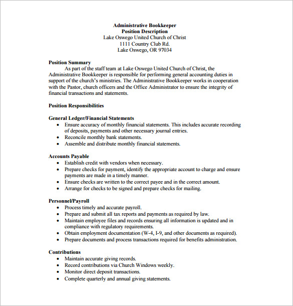 10  Bookkeeper Job Description Templates Free Sample Example Format