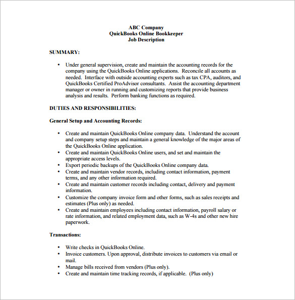 10+ Bookkeeper Job Description Templates Free Sample, Example, Format