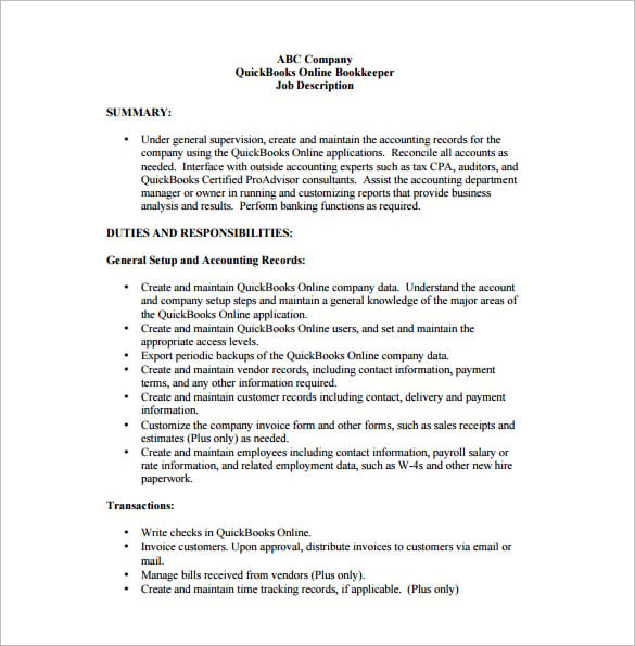 Bookkeeper position job description