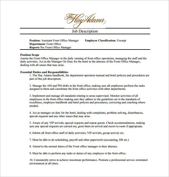 front office assistant job description free pdf download
