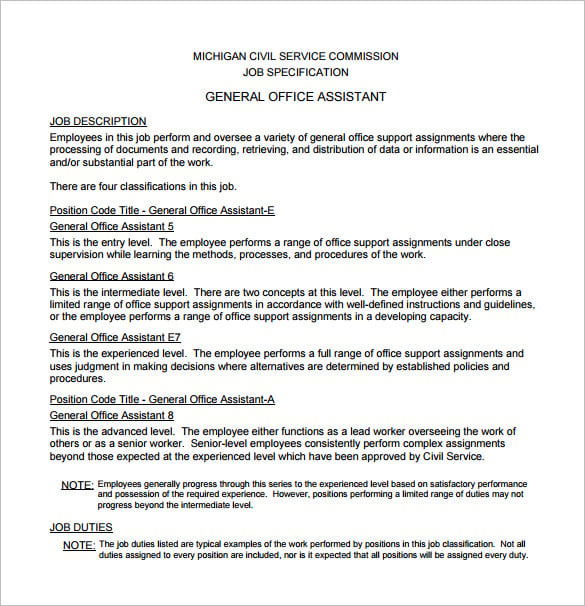 general office assistant job description free pdf template