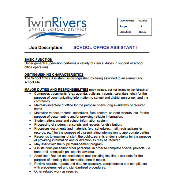 student assistant job for class description