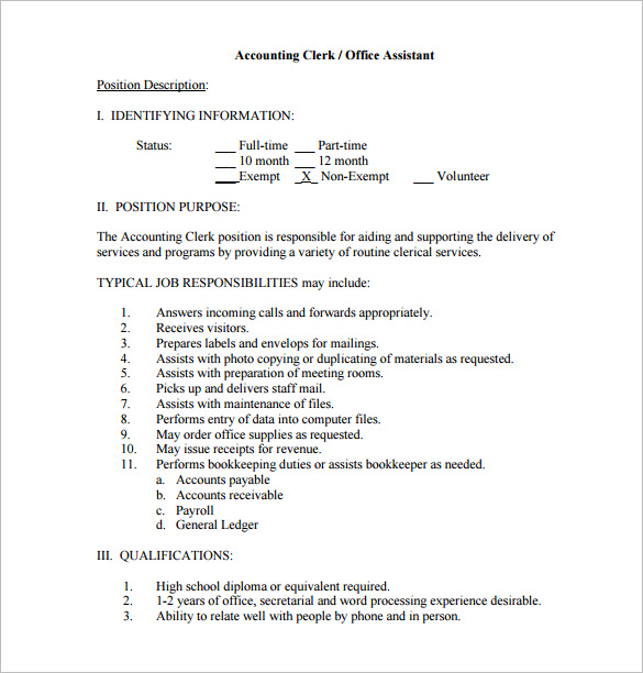 Accounting Assistant Job Description Sample