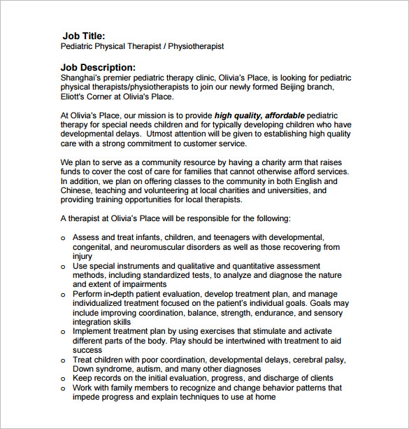 pediatric physical therapist job description free pdf download