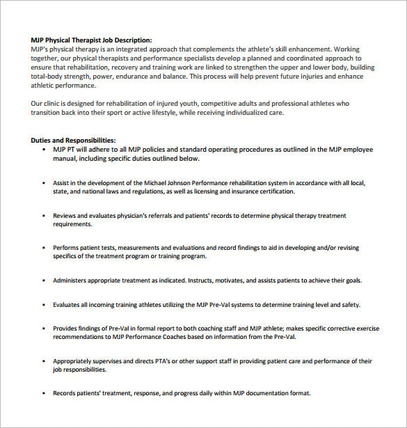 sports physical therapist job description free pdf template