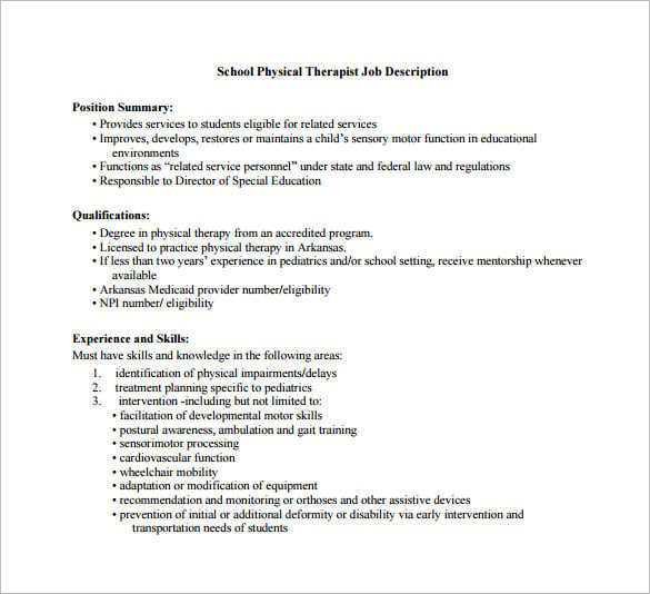 school physical therapist job description free pdf template