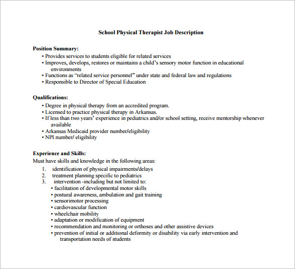 School Physical Therapist Job Description Free PDF Template