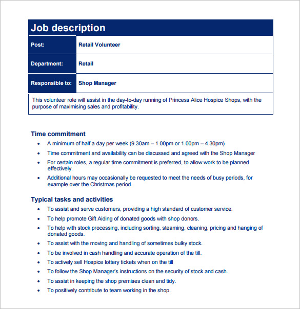 Job Description Sample Uk Retail Customer Service Sample Job Description Free Download. pah.org.uk