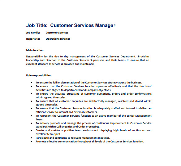 International customer service manager job description
