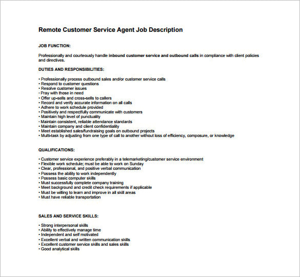 Customer service advisor job description uk