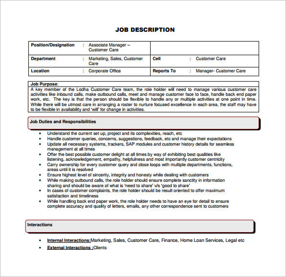 outbond customer service job description free pdf template
