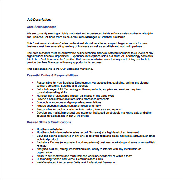 job description template sales manager