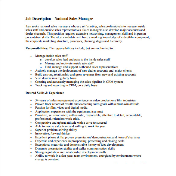 duties of a sales manager for resume