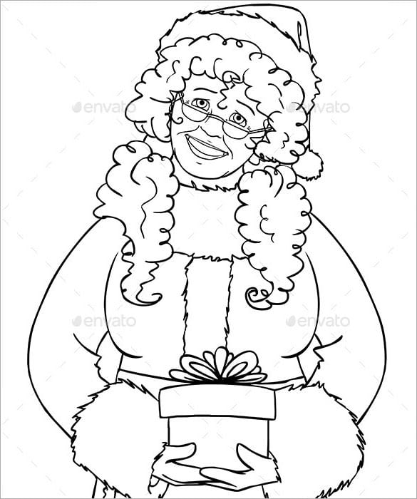 mrs santa claus holding a present coloring page download