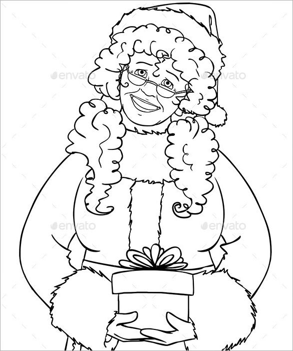 mrs santa claus holding a present coloring page download