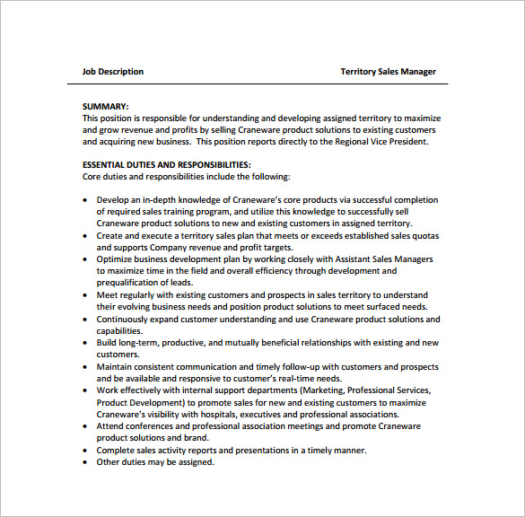 Job Description Template Sales Manager