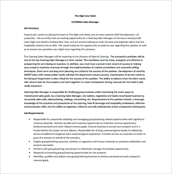 catering sales manager job description free pdf template