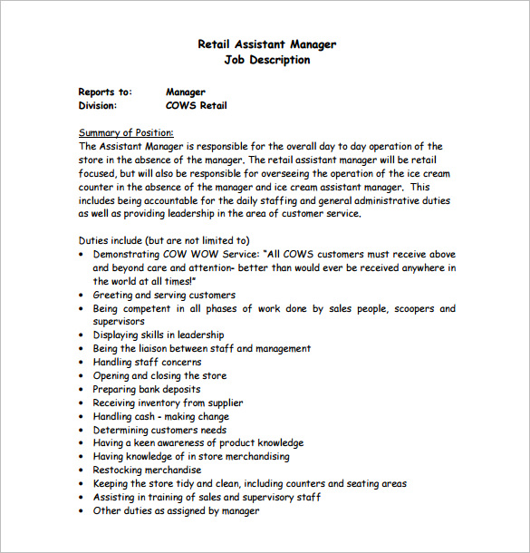 Bts Assistant Manager   Retail Assistant Manager Job Description Free PDF Template 