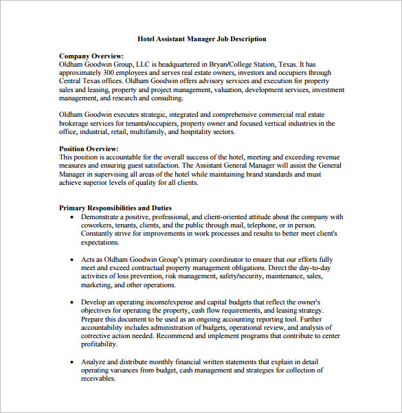 free hotel assistant manager job description pdf download