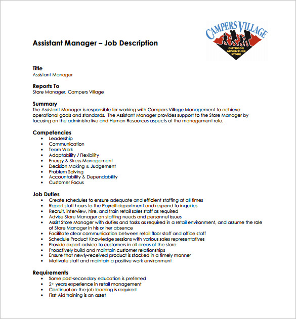 Assistant Manager Job Description Template - 9+ Free Word, PDF Format 