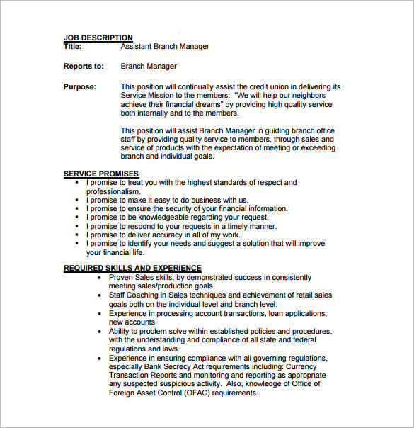 Job description assistant manager/ finance company