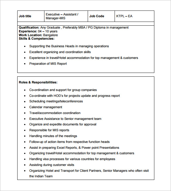 executive assistant manager job description pdf free download