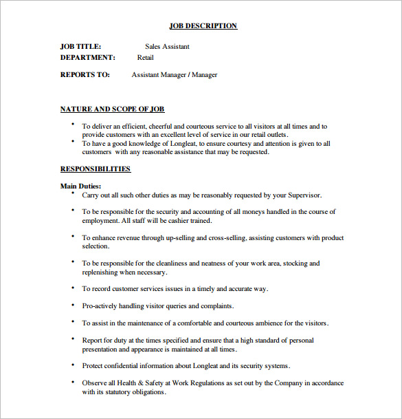 free sales assistant manager job description pdf template