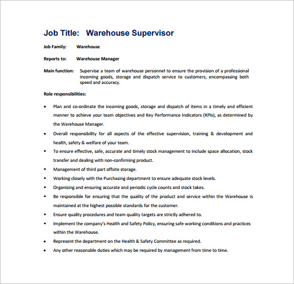 warehouse supervisor job description pdf free template