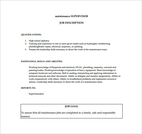 maintenance supervisor job description pdf free download