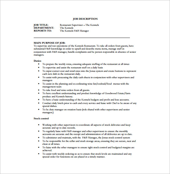 11+ Supervisor Job Description Templates Google Docs, Word